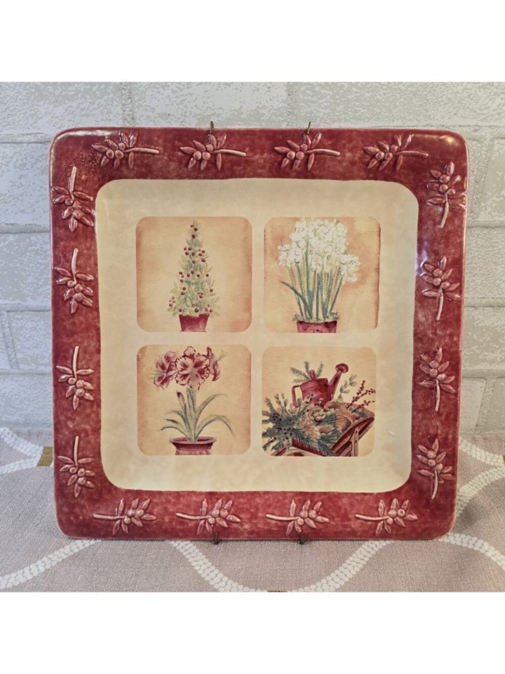 Sonoma Stoneware Winter Fields Garden Flower Berry 12" Square Serving Platter